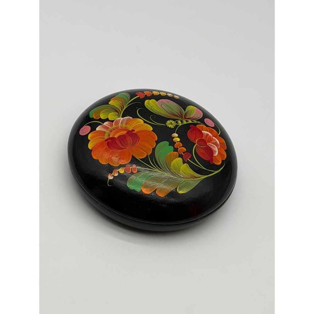 Vintage USSR Lacquer Trinket Box Hand Painted Floral Round Black Wood 4.5"